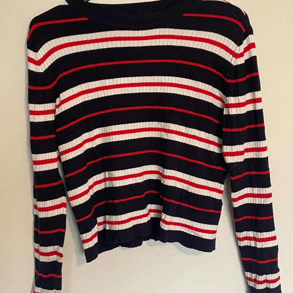 Divided Navy and Red Striped Sweater